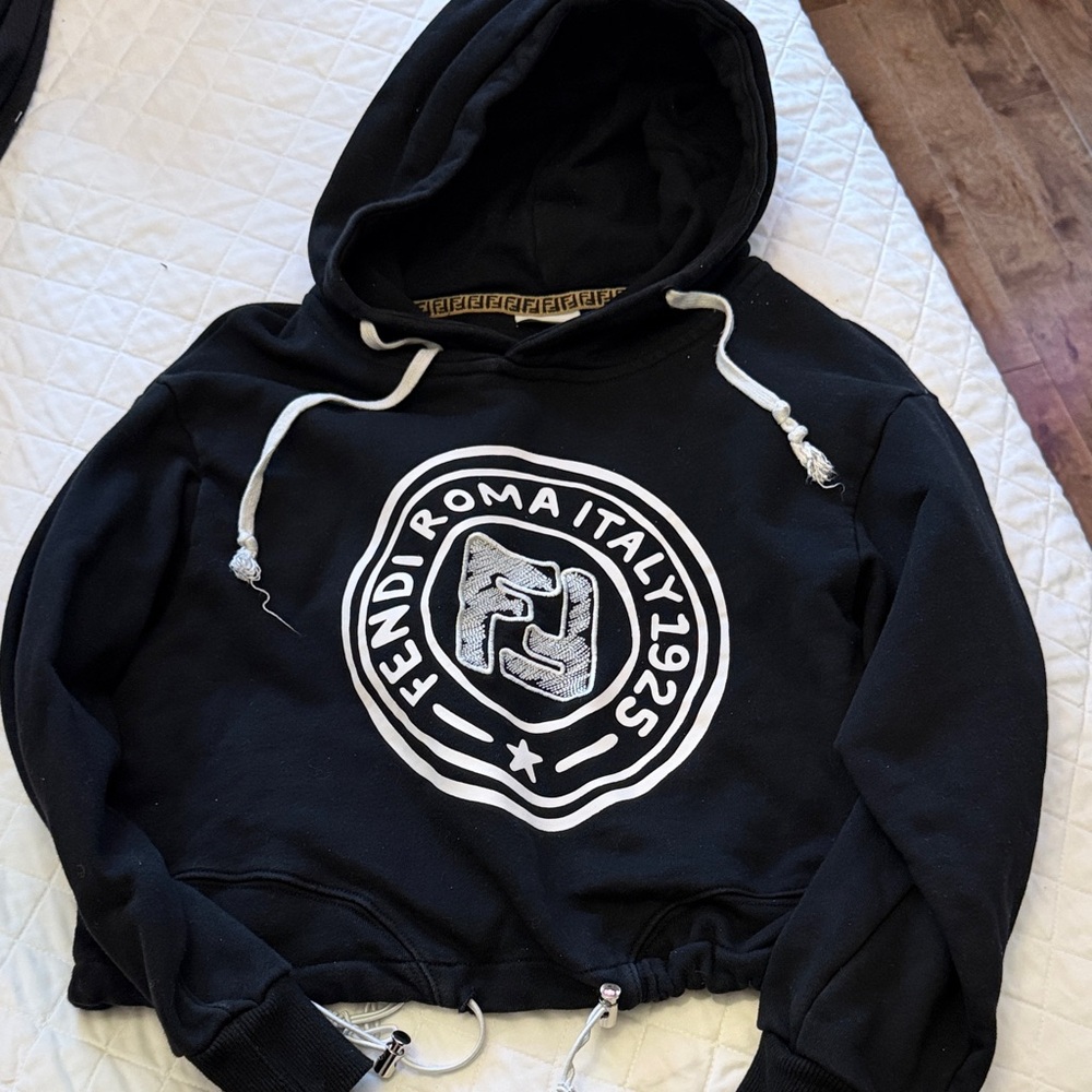 Fendi Black Cropped Hoodie with White Logo